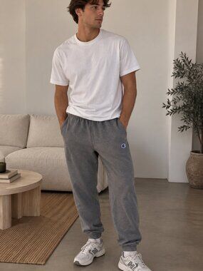 Champion Gray Jogger Sweatpants L Embroidered Logo Athletic